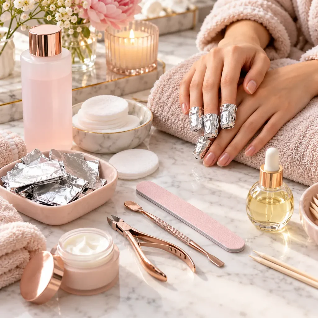 Gel nail polish removal and aftercare kit with foil wraps, cotton pads, nail file, cuticle oil, and hand cream.