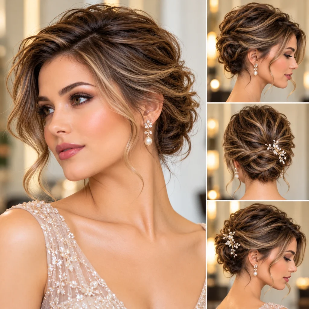 Elegant short hair updo with softly pinned twists, loose face-framing curls, and a decorative bridal hair accessory