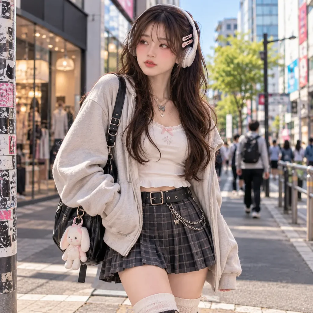 Japanese street fashion outfit featuring an oversized cream hoodie, white crop top, grey plaid skirt and headphones on a Tokyo street.