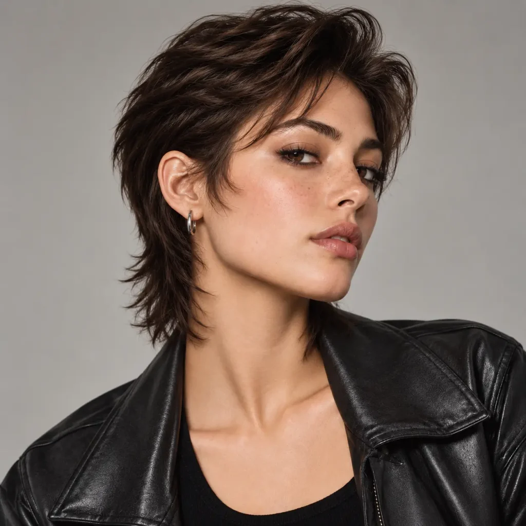 Woman with a sleek modern mullet featuring tapered sides, a smooth top, and a short precise back