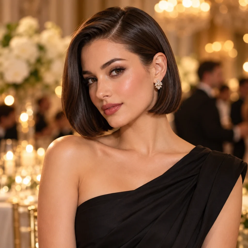 Woman with a sleek side-parted short bob hairstyle, smooth glossy brown hair, and elegant evening makeup