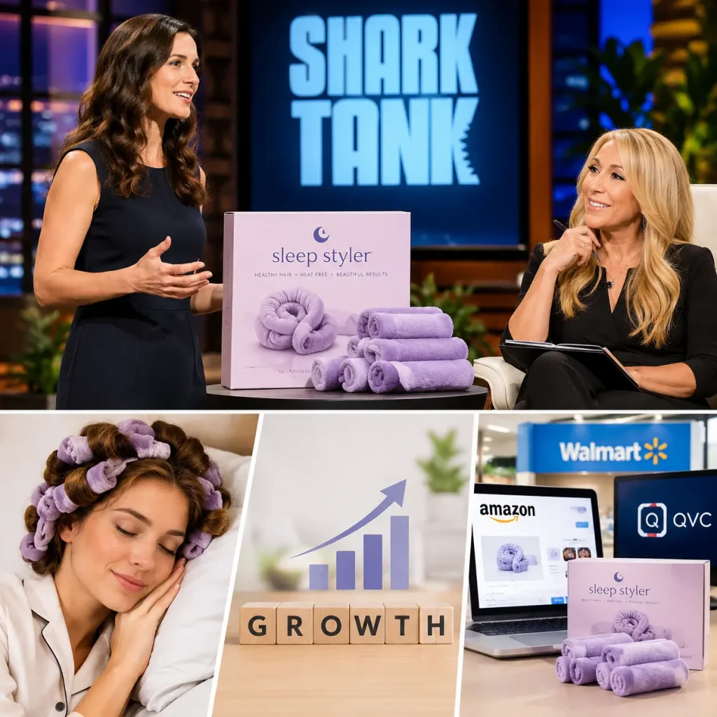 Sleep Styler heatless hair curlers featured in a Shark Tank-inspired product presentation with lavender rollers and retail success visuals.