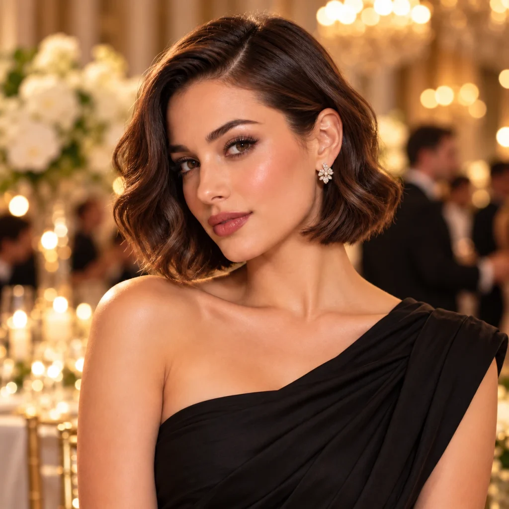 Elegant woman with a short wavy bob hairstyle featuring soft loose curls for weddings and formal events