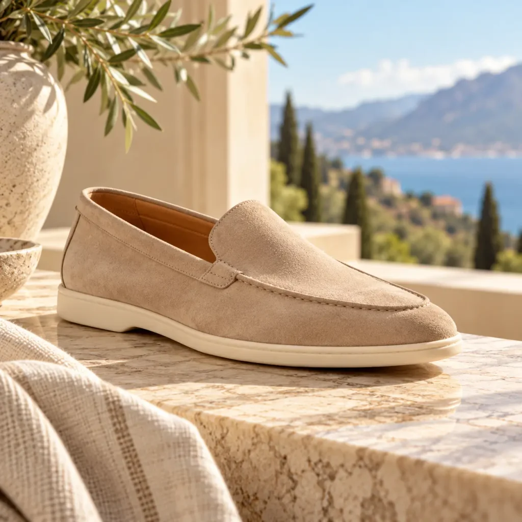 Beige suede Summer Walk-style loafer with a cream rubber sole displayed on a sunlit marble terrace