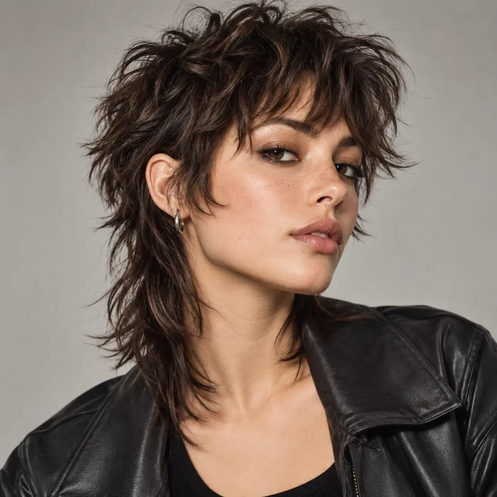 Woman with a textured shag mullet haircut featuring choppy layers and a longer layered back