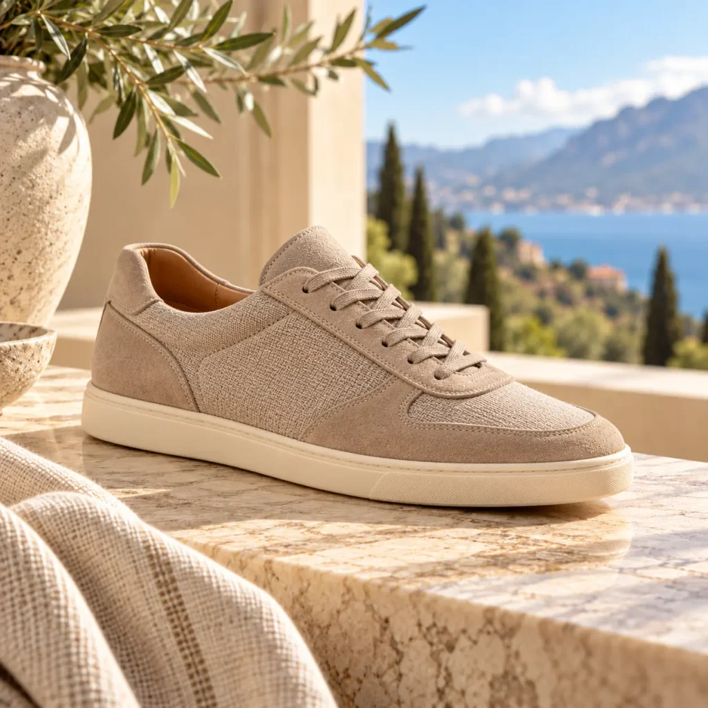 Refined beige Weekend Walk-style sneaker with suede and textured fabric panels displayed on a luxury terrace