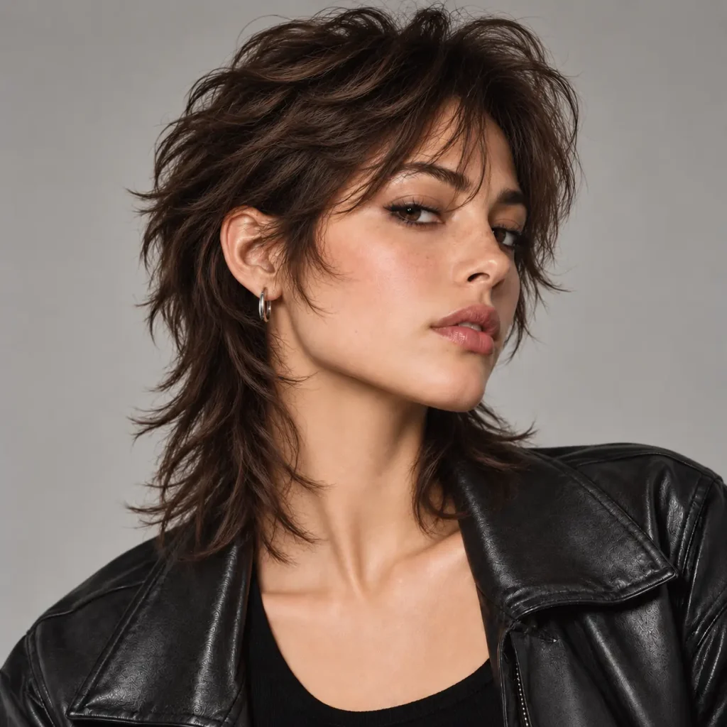 Woman with a wolf-cut hybrid mullet featuring shaggy layers, face-framing pieces, and a longer textured back
