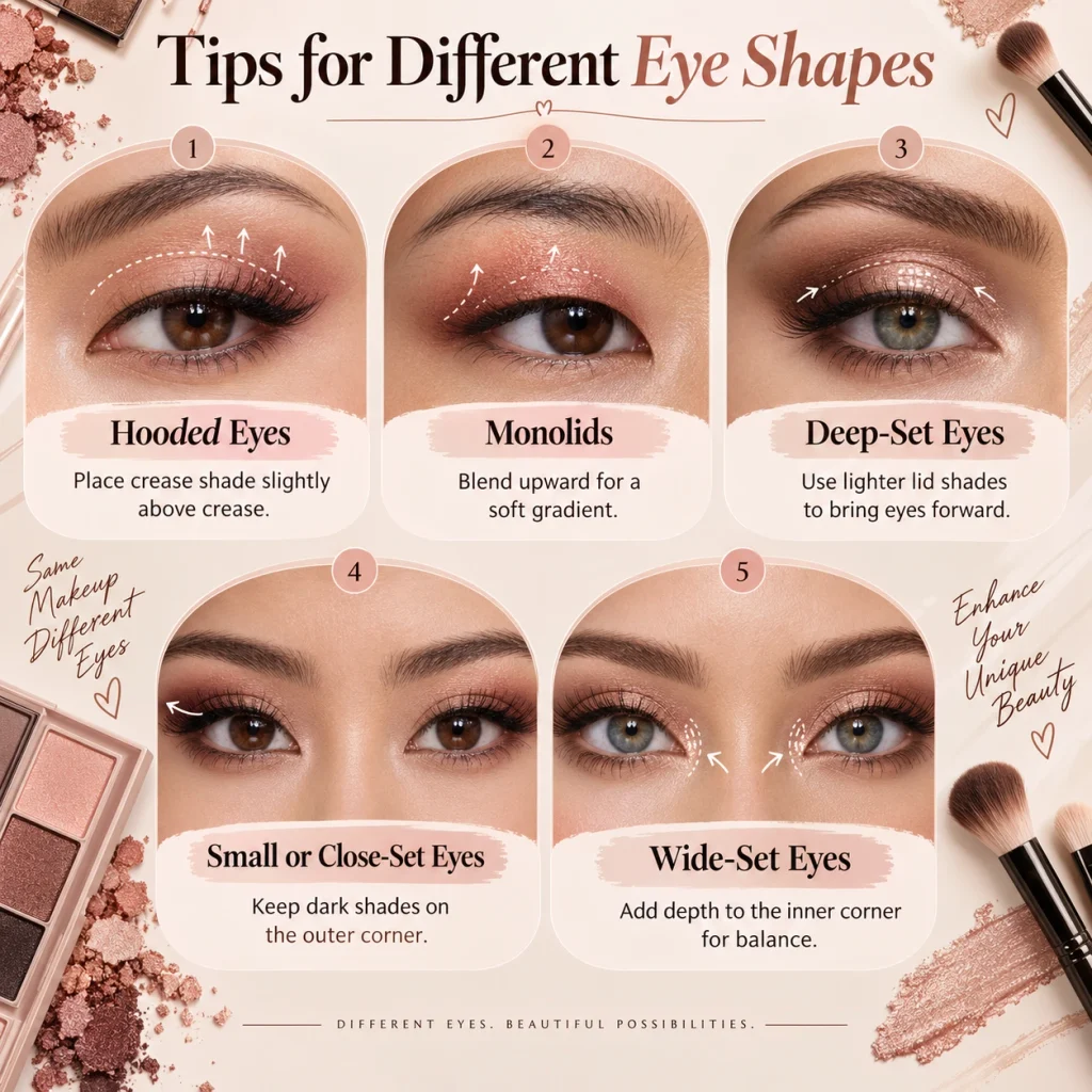 Eyeshadow makeup guide showing tips for hooded eyes, monolids, deep-set eyes, close-set eyes, and wide-set eyes.