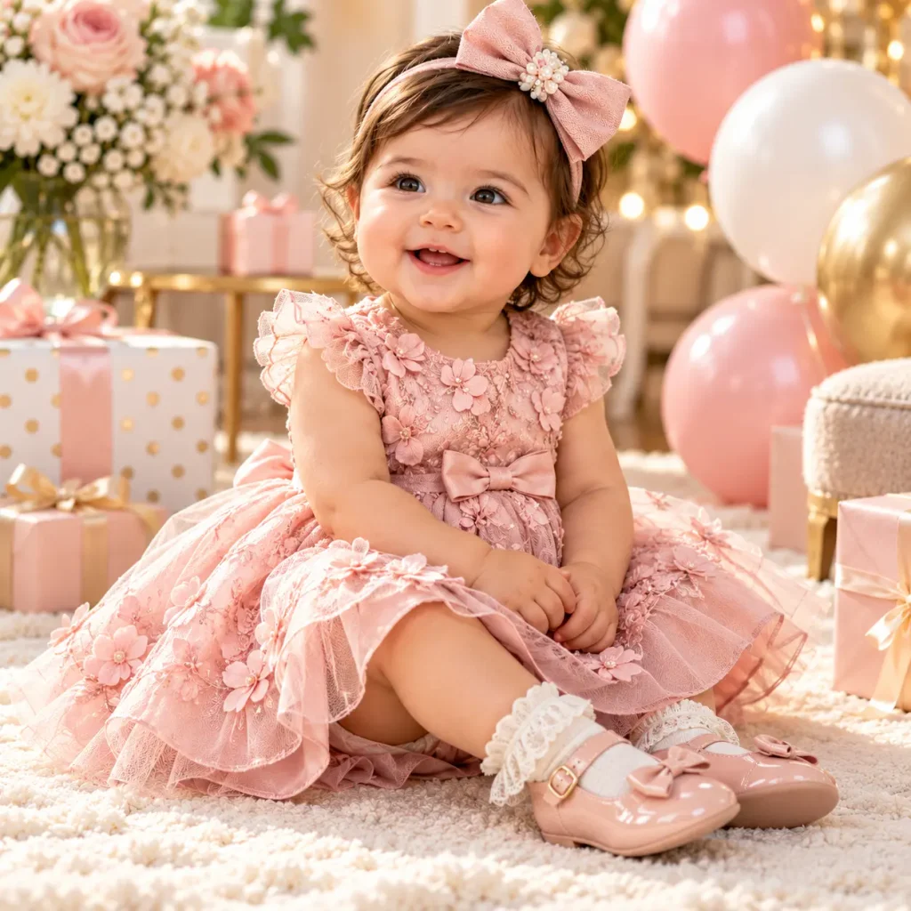 Smiling toddler girl in a pink floral party dress with matching bow and pink shoes