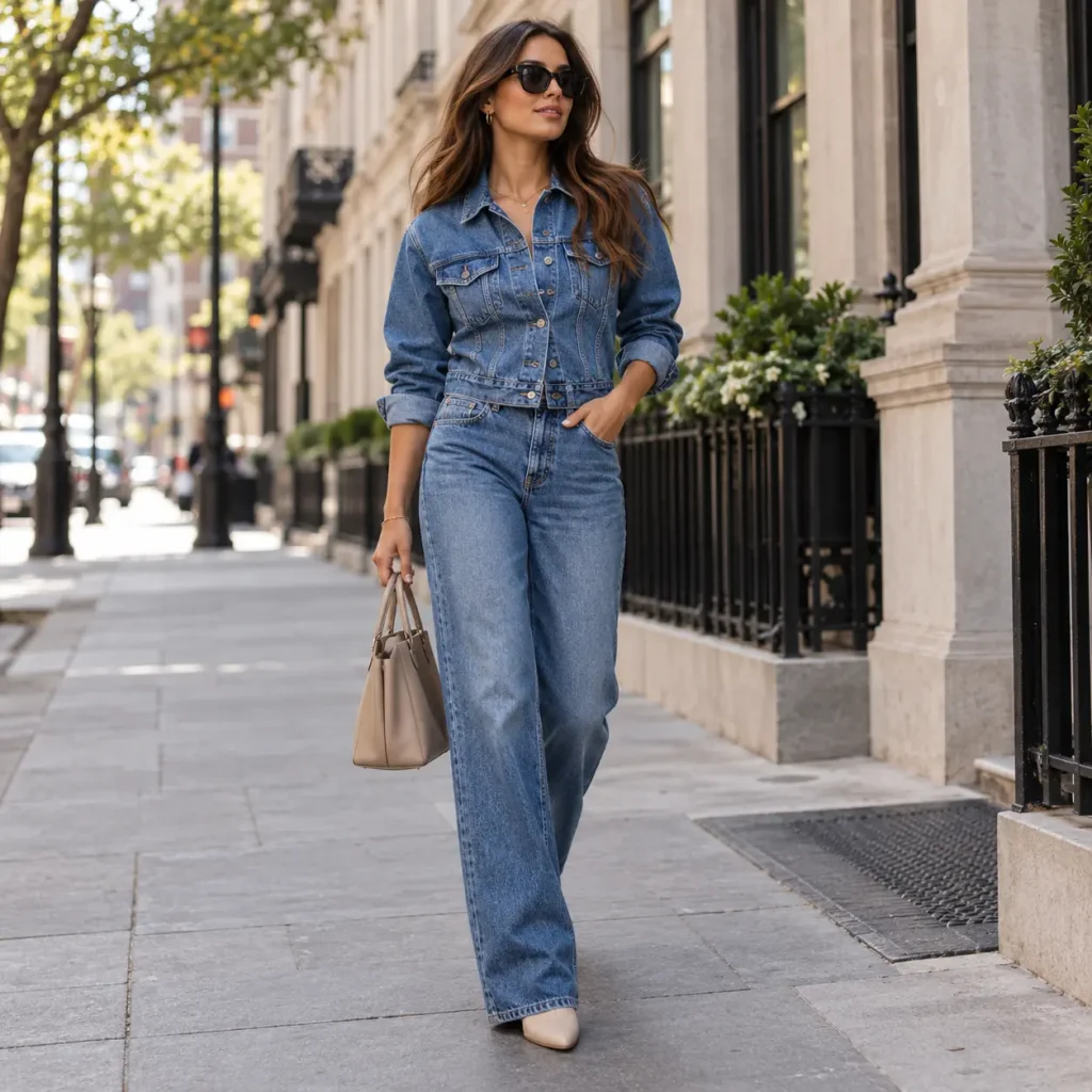 Woman wearing a matching blue denim jacket and jeans with neutral accessories for a coordinated denim-on-denim look