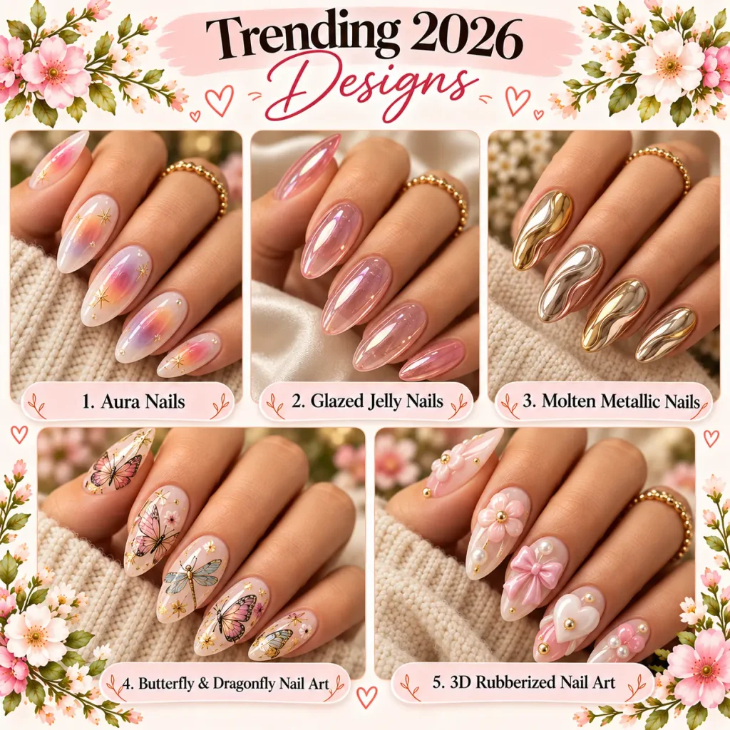 Trending 2026 nail designs featuring aura nails, glazed jelly nails, molten metallics, butterfly and dragonfly art, and 3D nail designs.