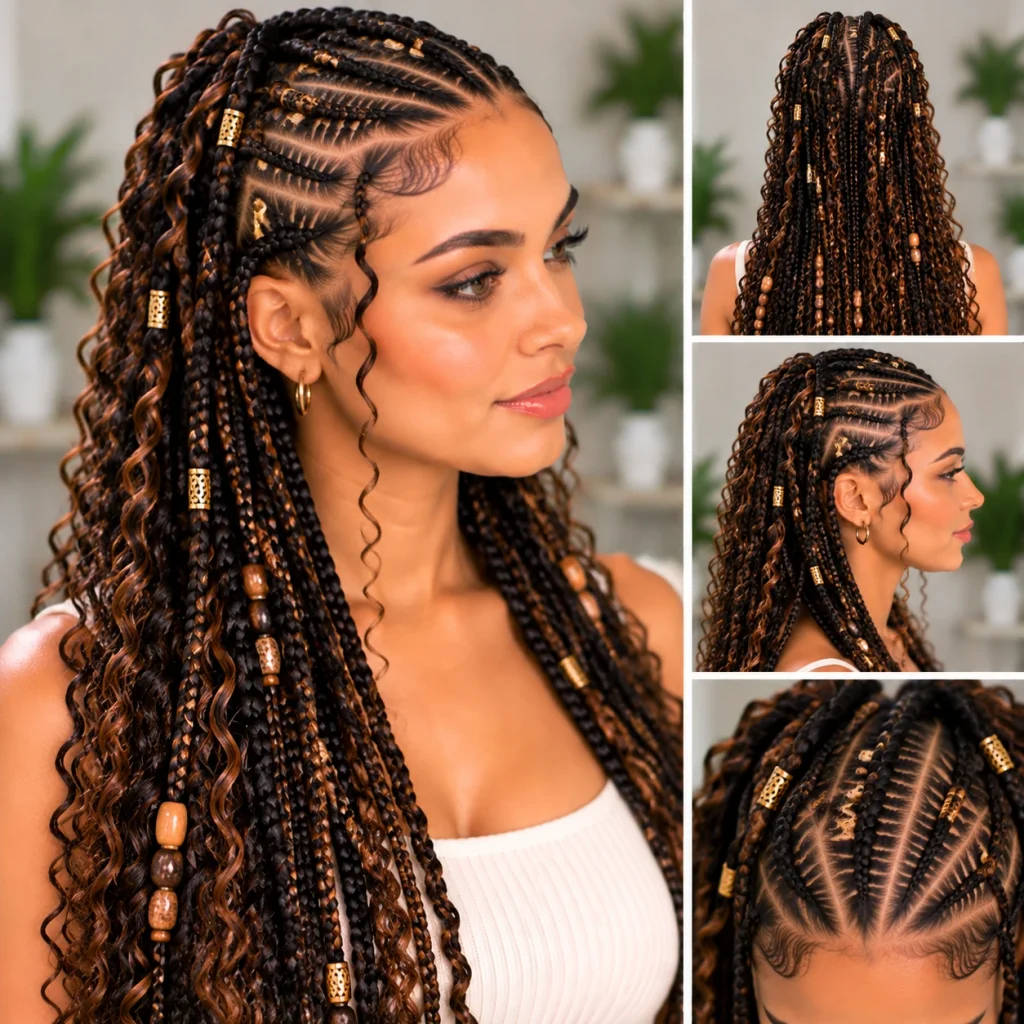 Tribal braids hairstyle with decorative accessories and intricate patterns