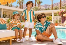 Trina Turk boys fashion with colorful resort-inspired outfits in a Palm Springs poolside setting