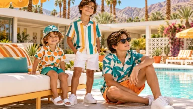 Trina Turk boys fashion with colorful resort-inspired outfits in a Palm Springs poolside setting