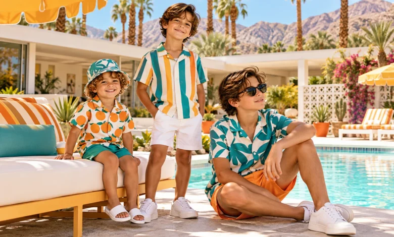 Trina Turk boys fashion with colorful resort-inspired outfits in a Palm Springs poolside setting