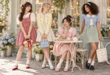 Twee fashion outfits featuring pastel dresses, gingham, Peter Pan collars, bows, cardigans, and Mary Jane shoes in a whimsical vintage setting