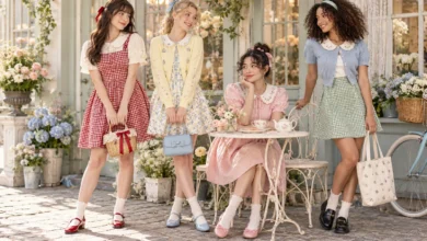 Twee fashion outfits featuring pastel dresses, gingham, Peter Pan collars, bows, cardigans, and Mary Jane shoes in a whimsical vintage setting