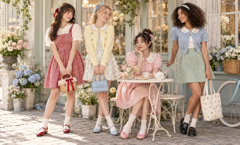 Twee fashion outfits featuring pastel dresses, gingham, Peter Pan collars, bows, cardigans, and Mary Jane shoes in a whimsical vintage setting