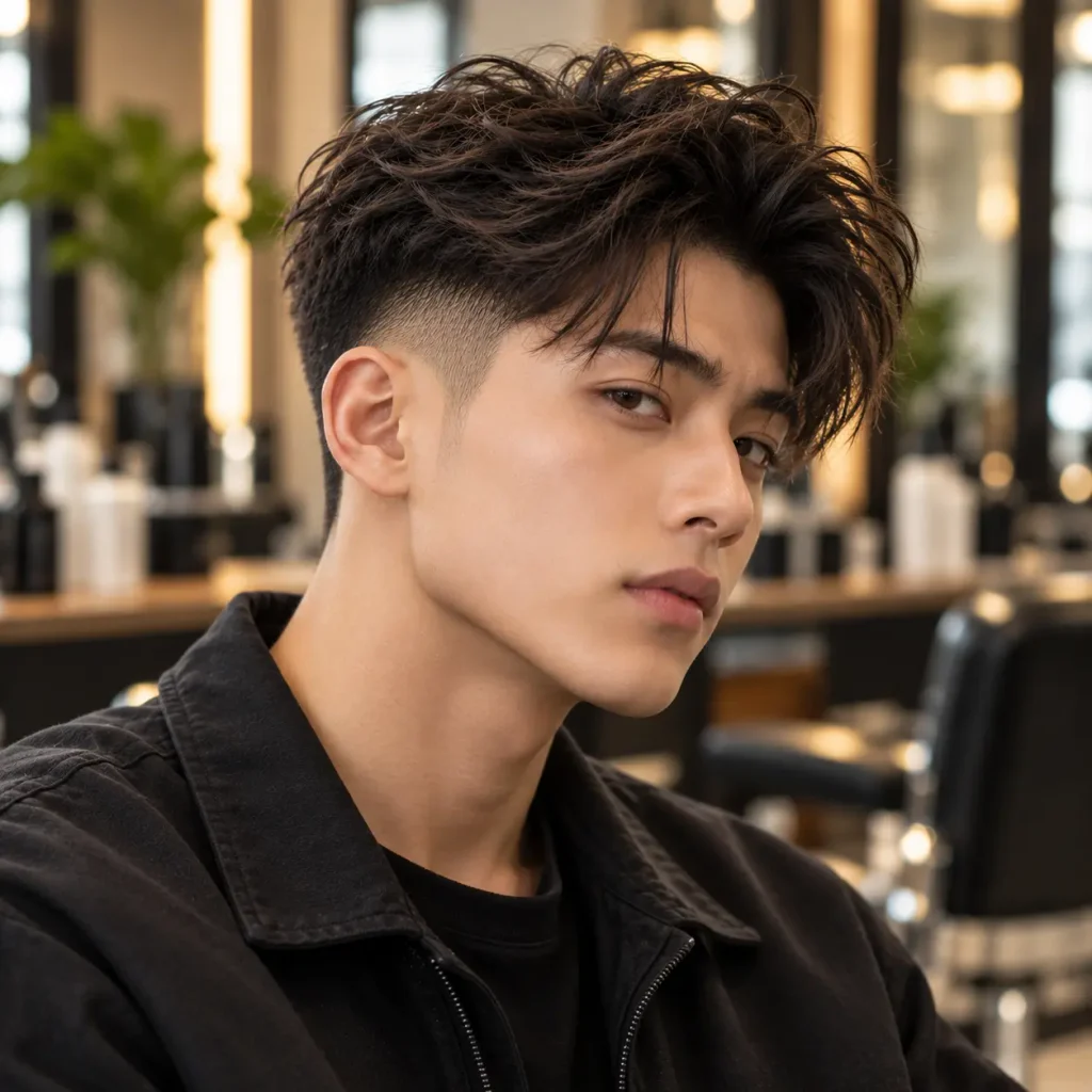 Modern two block haircut with a clean mid fade, short tapered sides and voluminous textured top