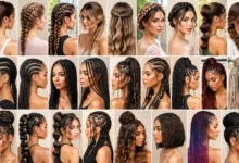 Different types of braided hairstyles for women, including classic braids, cornrows, box braids and elegant updos