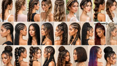 Different types of braided hairstyles for women, including classic braids, cornrows, box braids and elegant updos