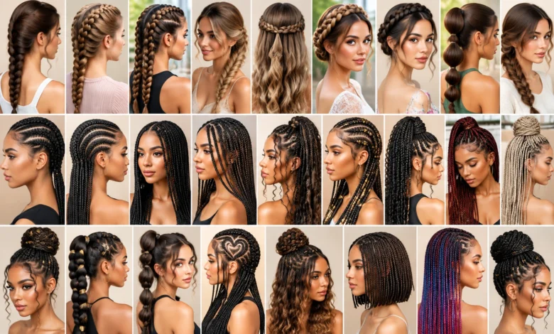 Different types of braided hairstyles for women, including classic braids, cornrows, box braids and elegant updos