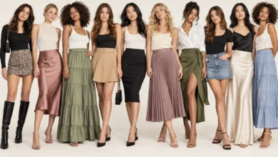 Fashion models showcasing different types of skirts for women, including mini, midi, maxi, pleated, denim and wrap styles