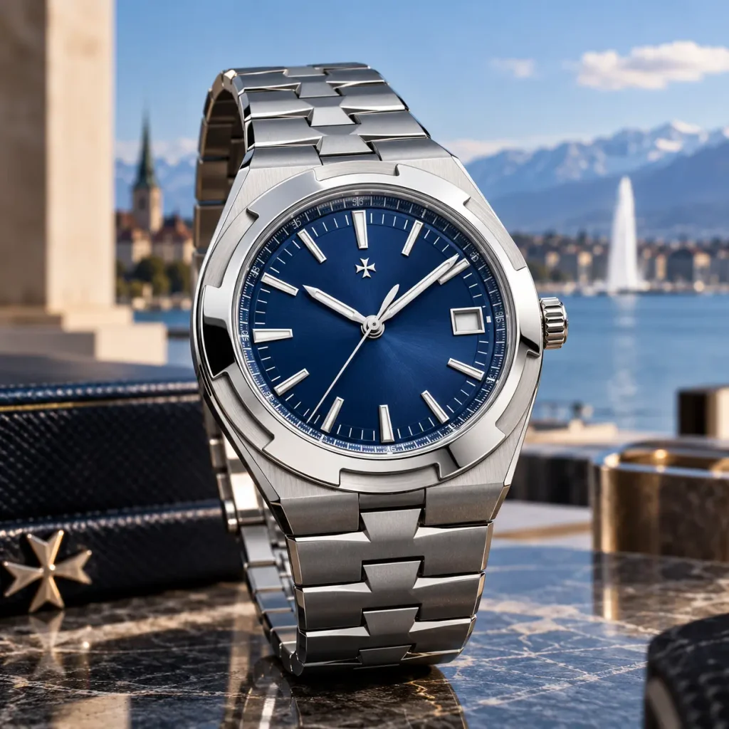 Vacheron Constantin Overseas luxury stainless steel watch featuring a blue dial, Maltese cross-inspired bezel, and integrated bracelet.