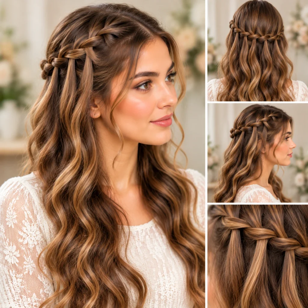 Waterfall braid hairstyle with cascading strands and soft waves