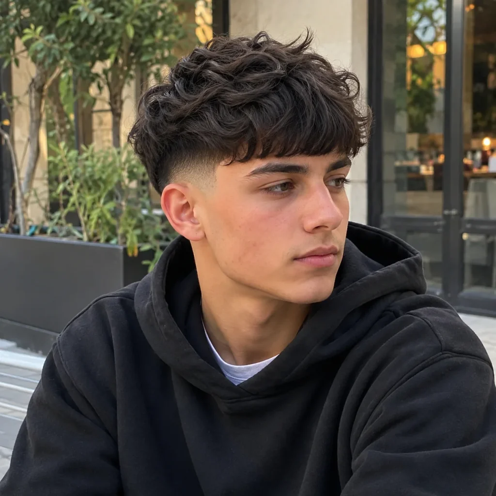 Young man with wavy Edgar haircut featuring natural dark waves, soft forward fringe and clean tapered sides