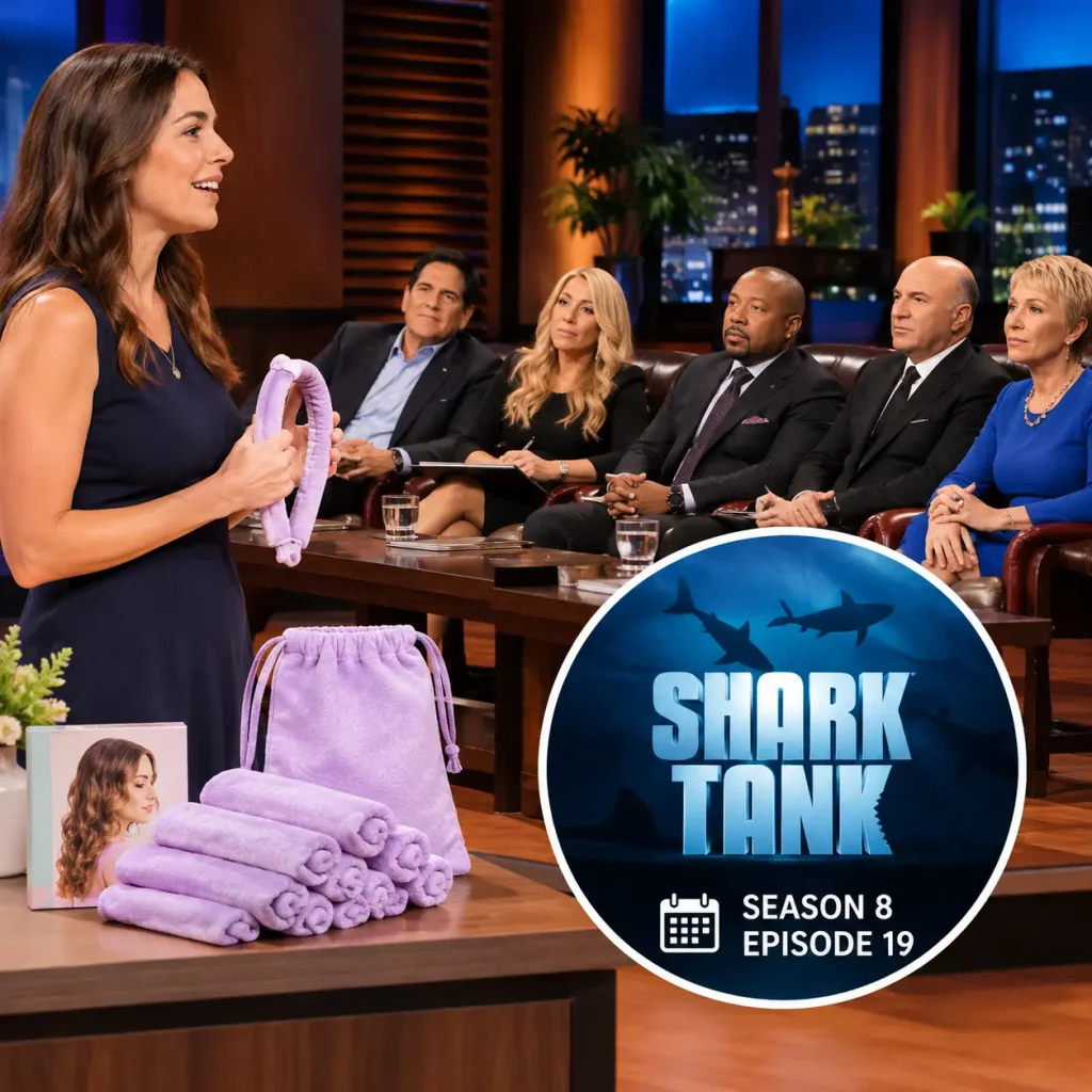 Sleep Styler founder presenting heatless hair curlers on a Shark Tank-style investor panel, representing Season 8, Episode 19.