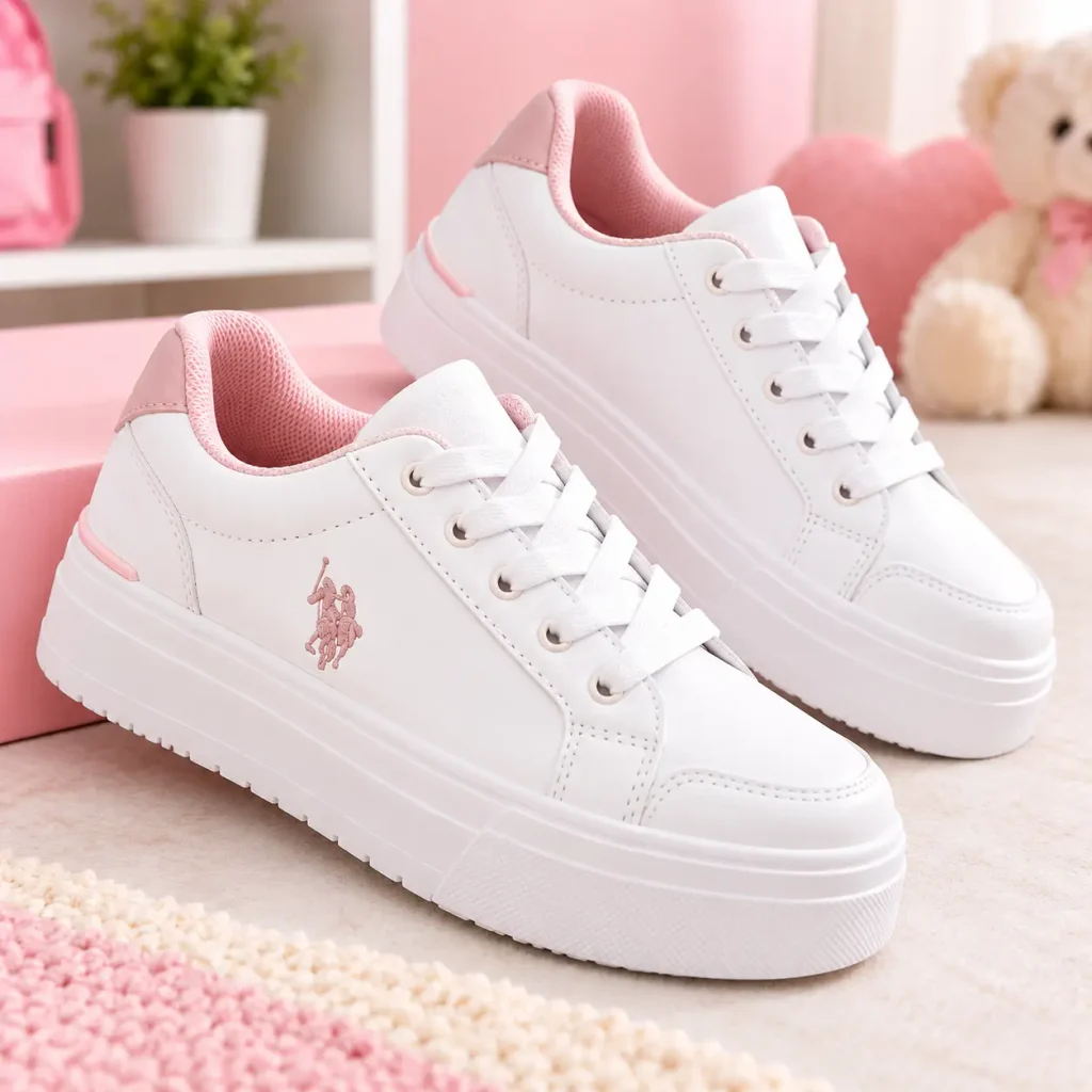 White platform sneakers with pink trim