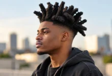 Black man with thick upright wicks hair and a clean taper fade shown in side profile