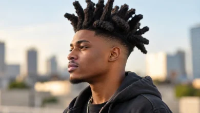 Black man with thick upright wicks hair and a clean taper fade shown in side profile