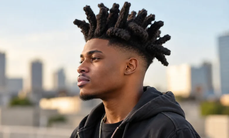 Black man with thick upright wicks hair and a clean taper fade shown in side profile