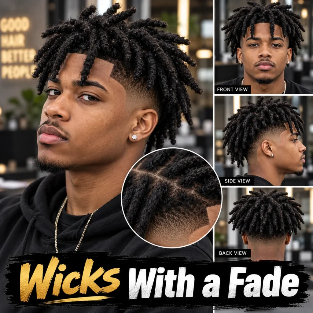 Wicks with a fade haircut featuring textured locs on top, clean faded sides and a sharp hairline