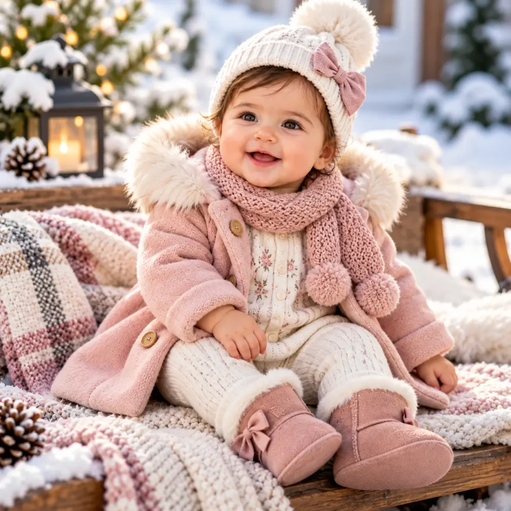 Baby girl wearing a pink winter coat, knitted hat, scarf and warm booties in the snow