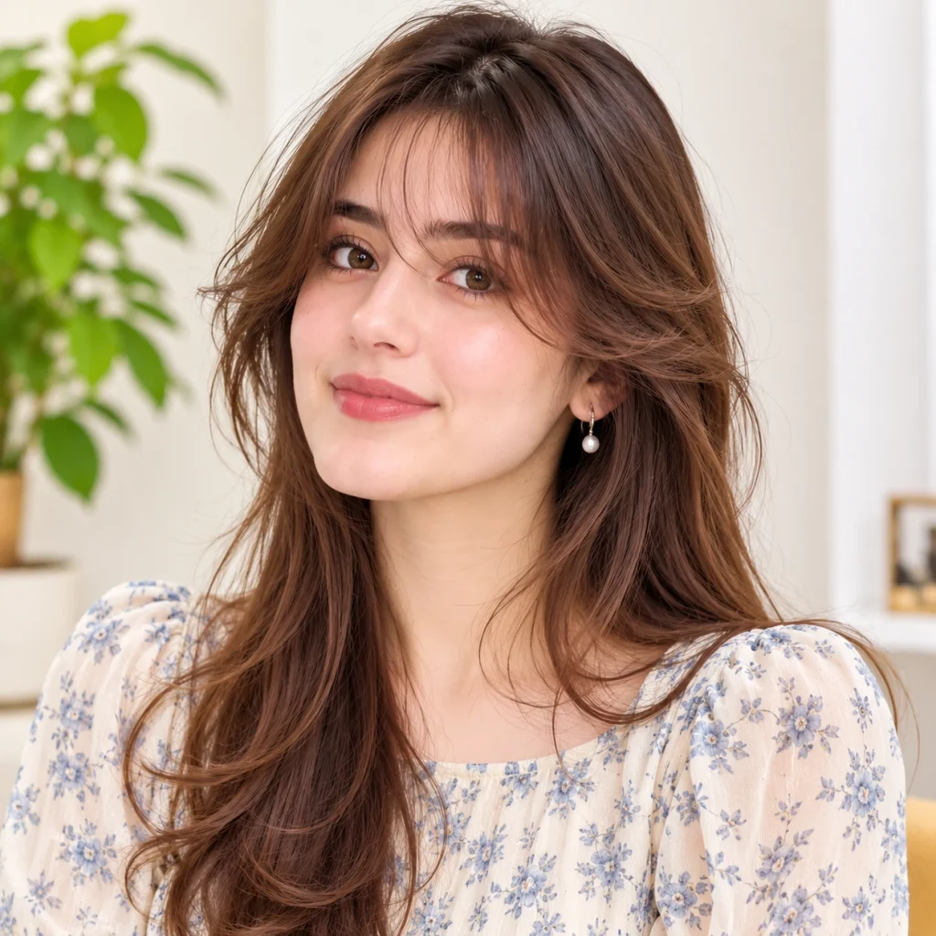 Woman with wispy curtain bangs and long, feathered brown hair