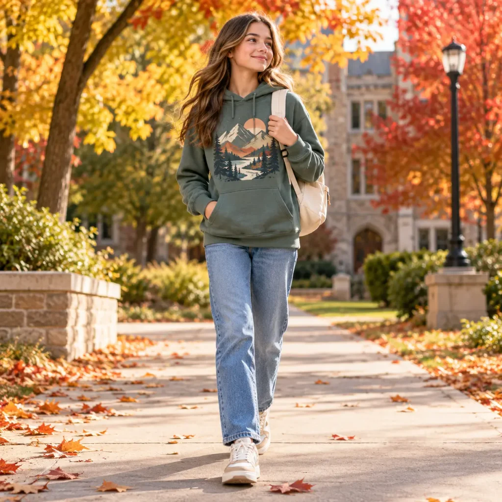 Teen girl wearing a longer graphic hoodie with straight-leg jeans and sneakers