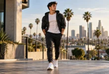 YoungLA Clothing outfit inspiration featuring a stylish athletic man wearing a black zip-up hoodie, white t-shirt, tapered black joggers, and white sneakers, showcasing modern men's gym wear and casual streetwear fashion.