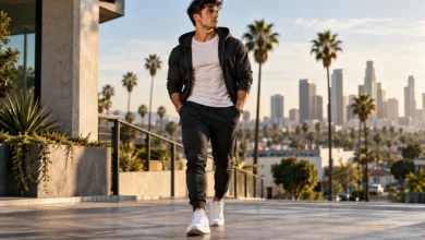 YoungLA Clothing outfit inspiration featuring a stylish athletic man wearing a black zip-up hoodie, white t-shirt, tapered black joggers, and white sneakers, showcasing modern men's gym wear and casual streetwear fashion.