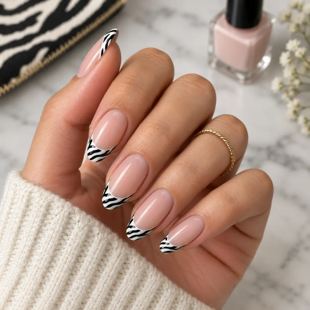 Zebra French tip nails featuring a sheer nude-pink base with black-and-white striped tips on glossy almond-shaped nails.