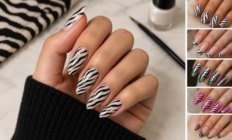 Zebra print nails featuring glossy black stripes on a nude base with stylish manicure designs and a modern beauty aesthetic.
