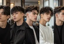 Five modern two block haircut styles for men featuring curtain fringe, textured crop, fade, curls and quiff
