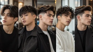 Five modern two block haircut styles for men featuring curtain fringe, textured crop, fade, curls and quiff