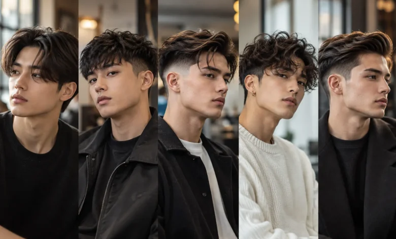 Five modern two block haircut styles for men featuring curtain fringe, textured crop, fade, curls and quiff